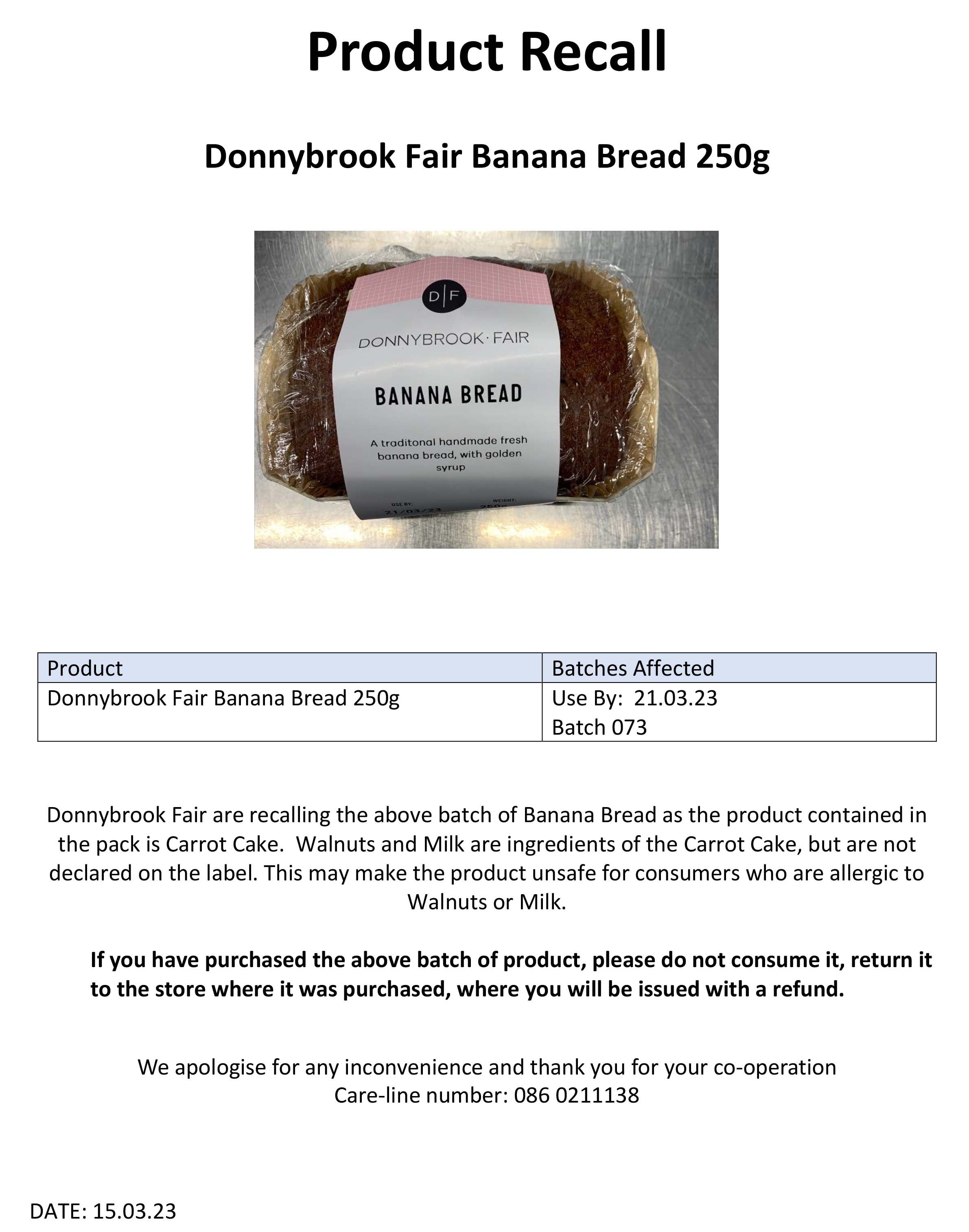 CUSTOMER NOTICE  Banana Bread 15.03