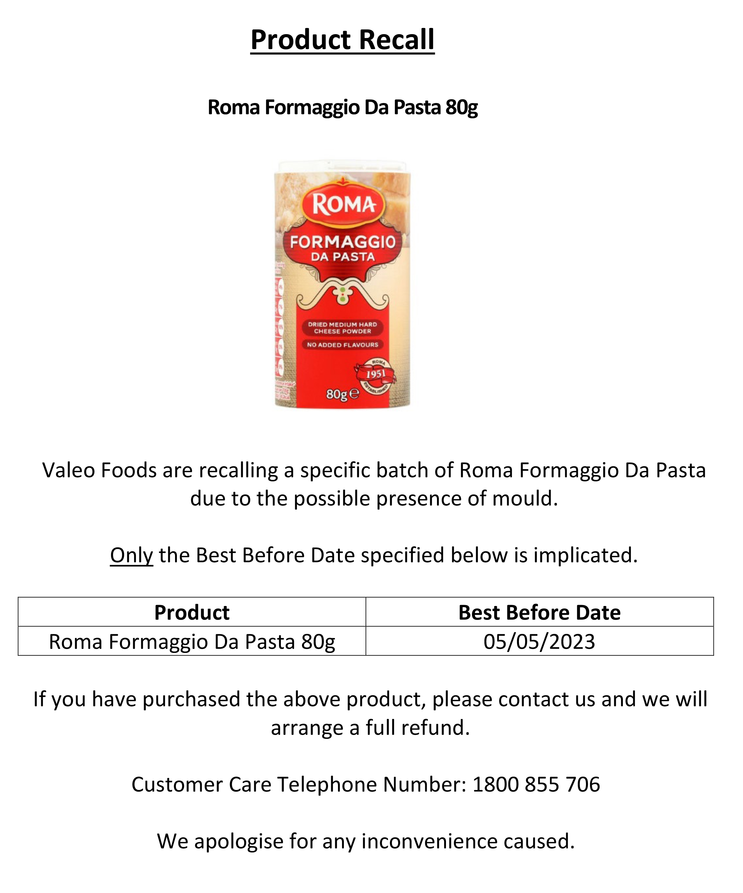 Customer 20Notice 20Roma 20Fromaggio 20Da 20Pasta 20Cheese 2012x80g