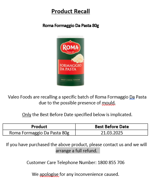 Pasta recall