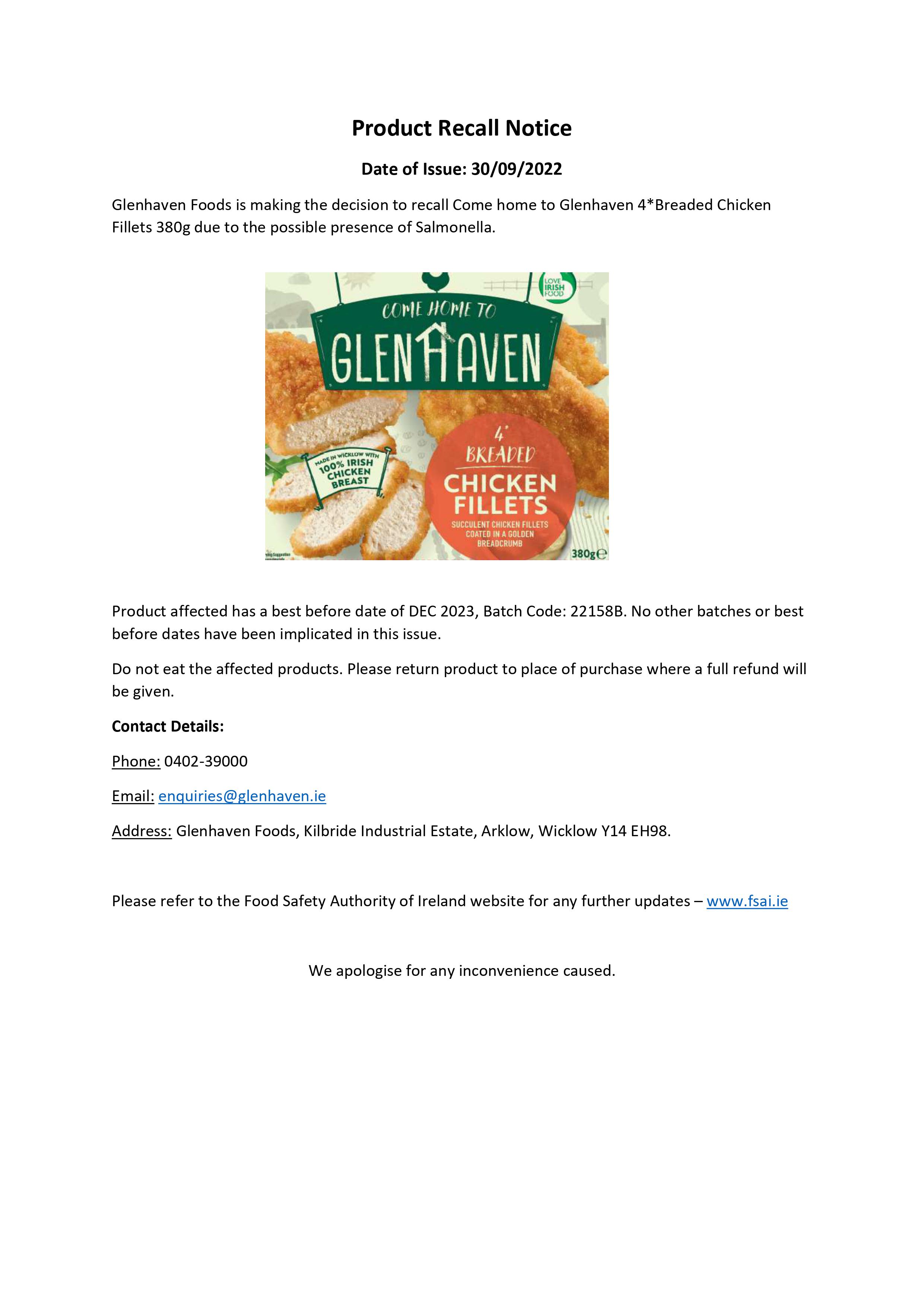 Supervalu  26 Centra   Recall Notice 30.09.2022