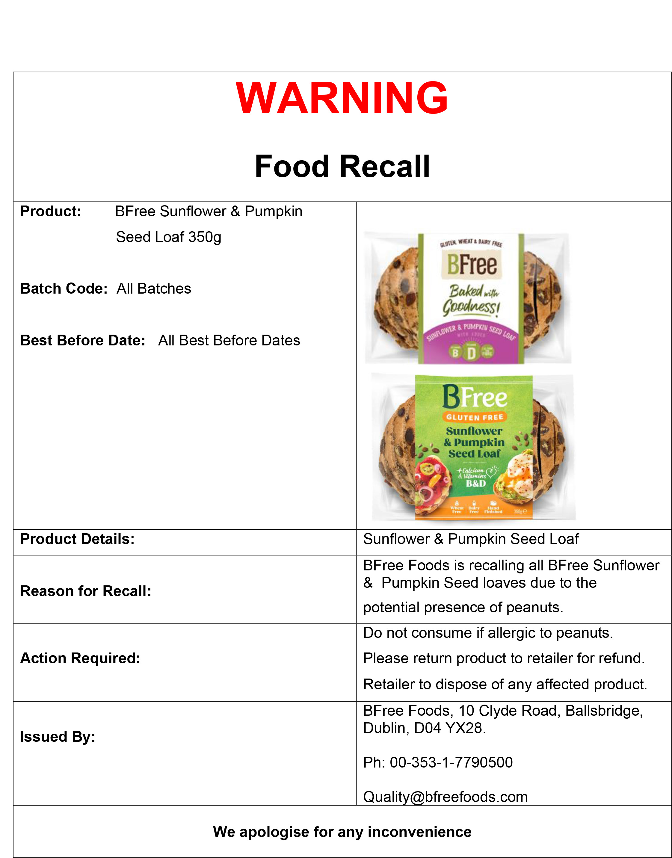 Point of Sale Notice    BF3016  BFree Sunflower  Pumpkin Seed Loaf 20.06.2024 1